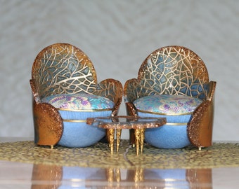Art Deco 12 inch Doll Blue Round Armchairs With Table/1:6 Scale furniture/Modern Dollhouse Armchair Set