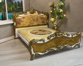 Lujosa cama doble para casa de muñecas en miniatura a escala 1:6 o cama Roombox