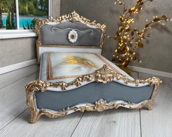 Luxurious Dollhouse Double Gray Bed for dollhouses 1:6  Scale ready as a gift/Miniature Dolls House Bed/12 inch Doll Size Bed/Roombox