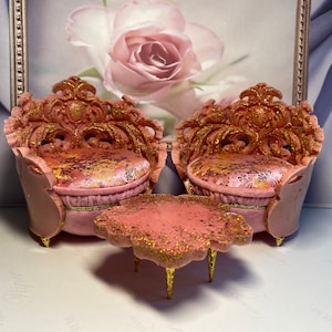 Miniature Round Pink Armchairs With Table For 12 inch Size Doll/ 1:6 scale Furniture/ Doll House Living Room Set