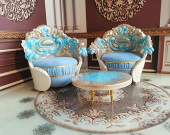 Miniature French Style Doll Furniture Set: Resin Armchairs and Table 1∶6 Blythe Size