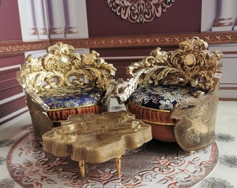 Gold Doll Armchairs with Table: Miniature Dollhouse Furniture