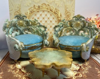 Miniature Dollhouse Furniture: Green Armchairs & Table, 1/6 Scale