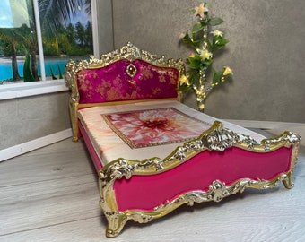 Luxurious Double Pink Bed for a 1/6 th Scale Dolls ready as a gift/Miniature Dolls House Bed for 12 inc/Blythe Size Bed/ Bedroom bed/Roombox