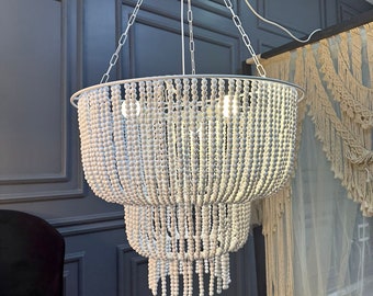Wooden Beaded Chandelier, boho light, chandelier with shade | White beaded chandelier | Bohemian lighting, Pendant lighting | bohemian decor