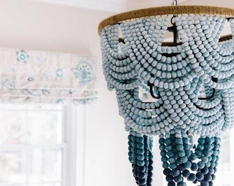 Wooden Chandelier , Beaded Chandelier , Blue Boho Lamp , Boho light, Ombre Chandelier, Rustic lighting, Nursery Lampshade, Mother's day gift