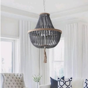 Grey Wooden beaded Chandelier| Beaded Chandelier | Wood bead chandelier | Boho lighting | beige Wood bead pendant light | boho decor