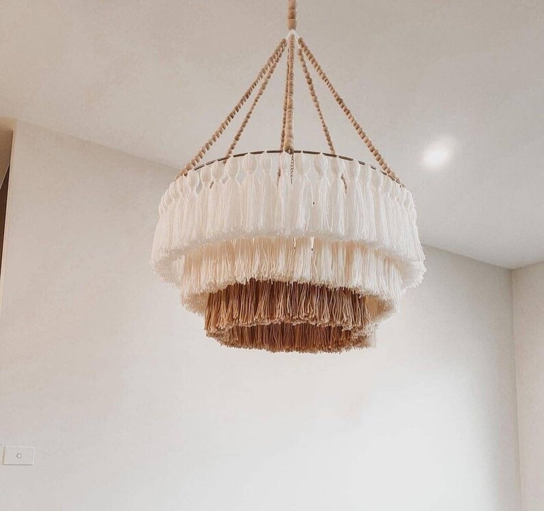 Boho Lighting, Macrame Chandelier, Tassel Light, Bohemian Lampshade, Nursery Lampshade, Beaded pendant light, Fringe Chandelier, Boho Decor image 1