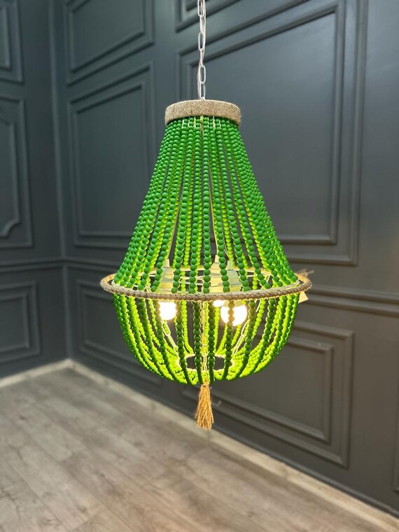 Green Beaded Lighting Green Lampshade Beaded Chandelier Wooden