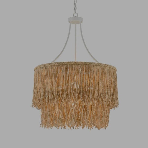 Boho Pendant Light, Jute Fringe Chandelier, Naturalistic Ceiling Lighting, Beach Style Light Fixture, jute chandelier