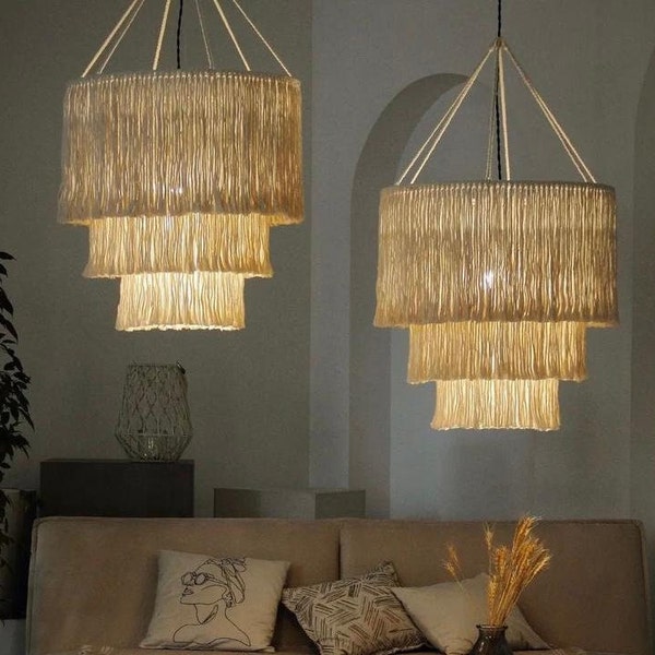 Boho Fringe Chandelier, Lampada a sospensione in cotone, Fringe Luminaire, Tassel Lampshade, Kids Room Lighting, Lampadario Macrame