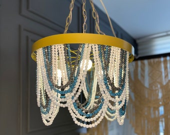 Wooden beaded Chandelier| ombre chandelier | Blue bead chandelier | Boho lighting | Pendant lighting | beaded ombre chandelier | Boho decor