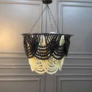 Black Wooden Chandelier, Black Beaded Chandelier, Boho Pendant lamp, Boho Light, Black Ombre Light, Nursery Lampshade, new year gift