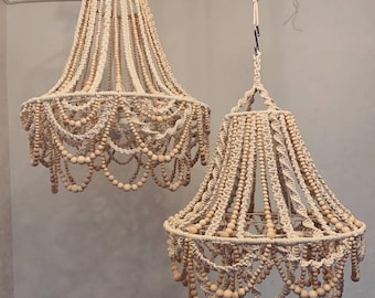 Kroonluchter met houten kralen| Kroonluchter met kralen | Kroonluchter van houten kralen | Boho-verlichting | Hanglamp | Boho decor, Moederdagcadeau