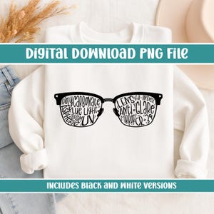 May include: A white sweatshirt featuring a black graphic of spectacles. The lenses are filled with text such as "Polycarbonate", "Blue Light", and "Anti-Glare". The text "Digital Download PNG File" and "Includes Black and White Versions" are also present.