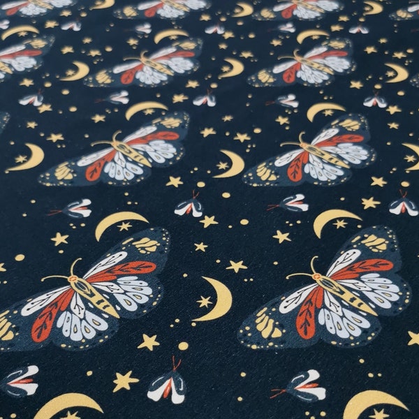 SALE! Moon & Stars Moths, Witchy Wicca butterfly, Halloween Cotton Lycra knit Jersey Stretch Fabric