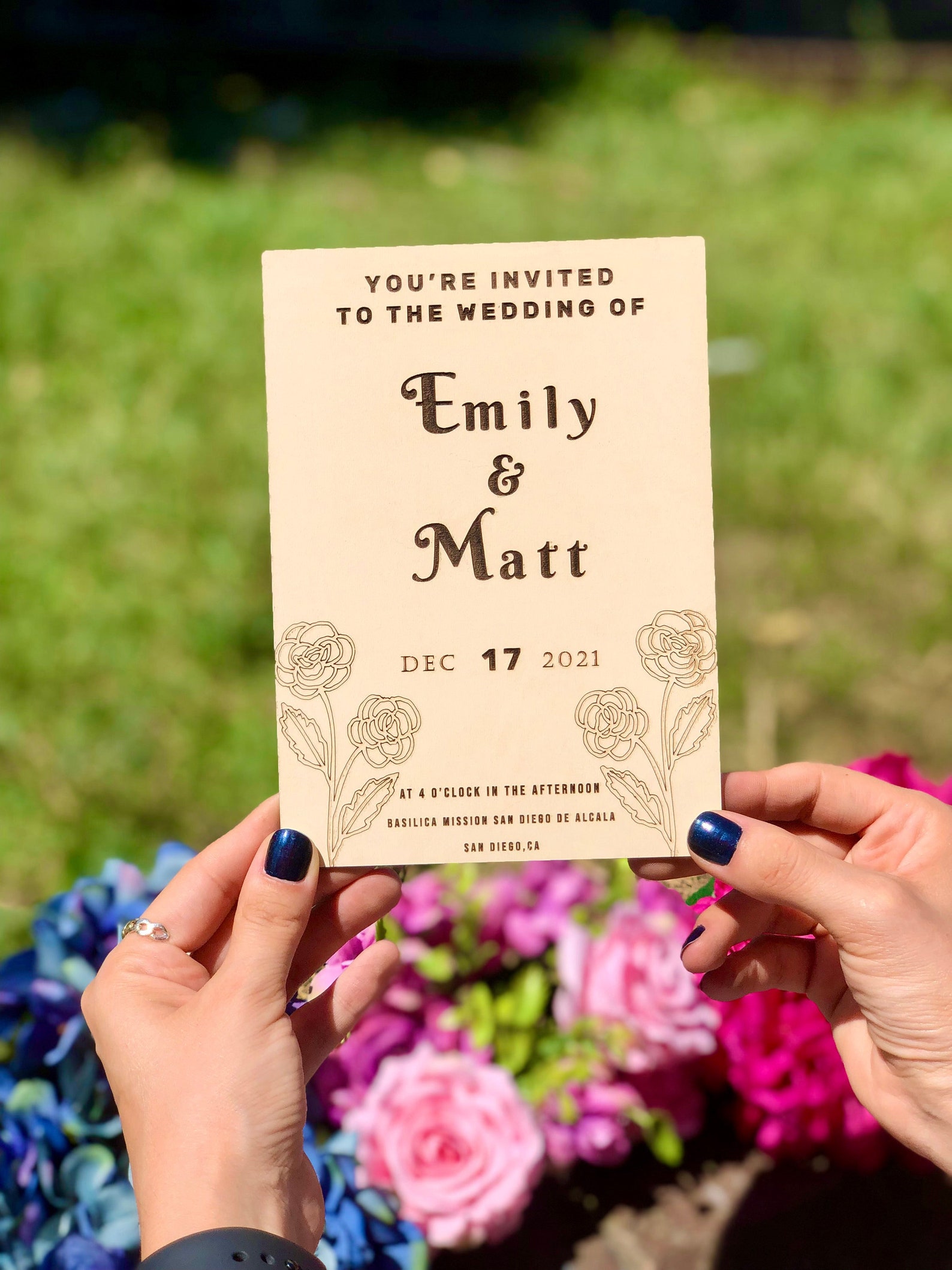 Real Wood Wedding Invitation Laser Engraved Flower Pattern Etsy