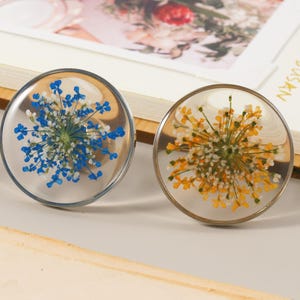 Op de afbeelding: Twee heldere, ronde presse-papiers van hars, elk met gedroogde bloemen. Eén heeft blauwe en witte bloemen, de andere gele en witte. Ze liggen op een licht oppervlak, in de buurt van een boek en een foto.