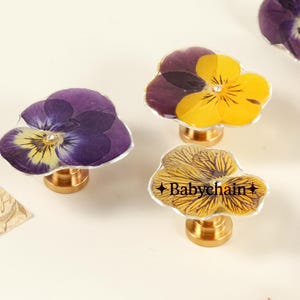 May include: A selection of cabinet knobs with pressed pansy flower designs in purple and yellow. Each knob has a gold-coloured base and a clear coating. The text "Babychain+" is visible on one knob. Measurements are in centimetres.