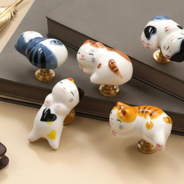 Adorable cat ceramic knob,Kitchen Dresser knob,Custom Engraved Furniture Hardware Knob,Nursery room Drawer pull,Cupboard Closet handle