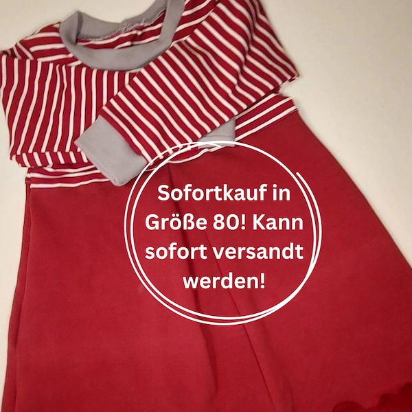 Sofortkauf, Größe 80, langärmeliges Kleid mit Kellerfalte aus Jersey, rotes Kleid, Weihnachtskleid, Kleid aus Sweatstoff