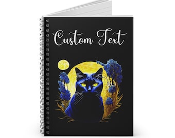 Cat and Moon Custom Text Spiral Notebook - Personalized Notebook Gift, Spiral Notebook - Ruled Line