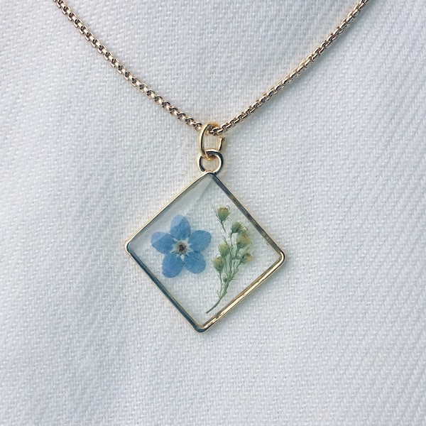 Forget Me Not Goldenrod Necklace, Pressed Flower Necklace, Handmade Resin Jewelry, Real Dried Flowers, Floral Necklace, Gifts For Her