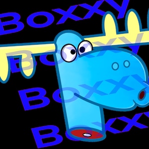 Könnte beinhalten: Ein blauer Cartoon-Elch mit großen Augen und einem gelben Geweih. Der Hintergrund ist schwarz mit dem Wort "BOXXY" in Blau wiederholt.