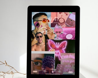 BAD BUNNY, Wallpaper, Fan Art, Bad Bunny 90s, 90s Trend, Bad Bunny Concert, Digital Download, Tablet and Phone Compatible, Pink Aesthetic