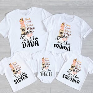 I&#39;m Two Farm Animal Birthday Shirt, Cluck Oink Baa Moo Family Shirt, Cow Birthday Shirt, Farm Theme Party Outfit, Country Party Tee