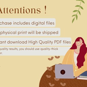 May include: A digital illustration of a woman sitting at a laptop with the text "Attentions!" at the top of the image. The text below reads "Purchase includes digital files", "No physical print will be shipped", "Instant download High Quality PDF files", and "For quality results, you should use quality-thick paper."