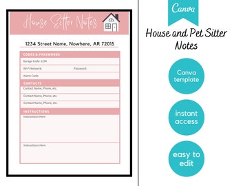 House Sitter Pet Sitter Instructions  | Canva Template | Digital | Printable | Fillable | PDF | Instant Download