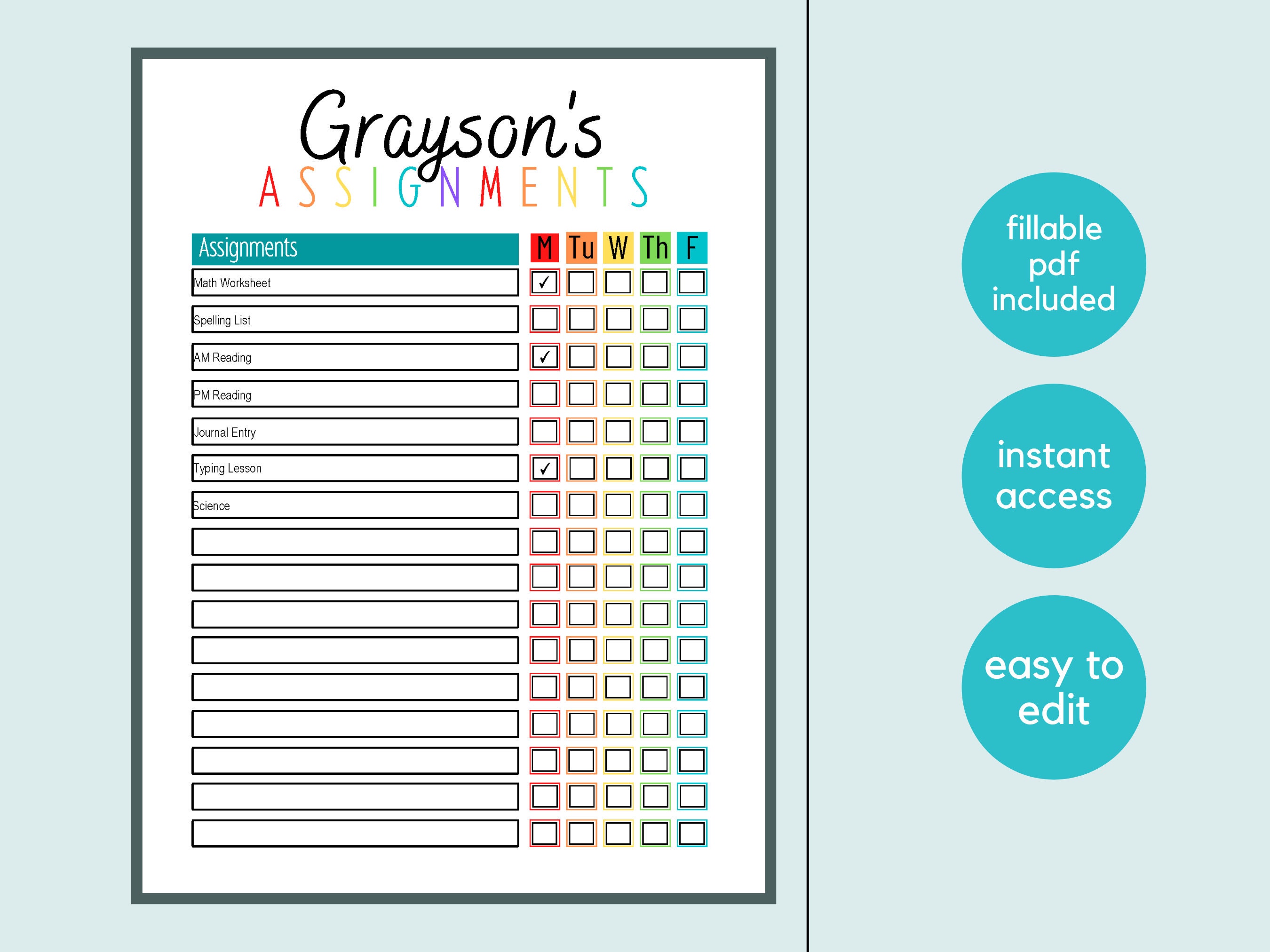 Weekly Assignment Checklist Printable Canva Template Assignment Tracker