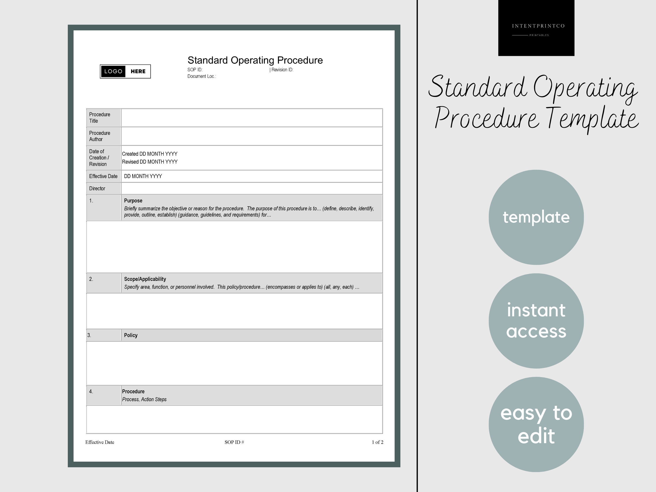 SOP Template Standard Operating Procedure Policies Digital Printable SOP Template Standard Operating Procedure Policies Digital Printable