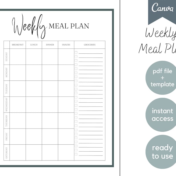 Weekly Meal Planner Printable  | Grocery List | Meal Planner and Groceries Planner | Digital | Printable | PDF | Instant Download