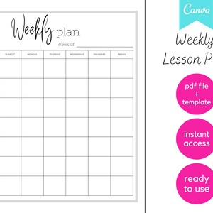 Könnte beinhalten: Eine druckbare Vorlage für einen wöchentlichen Stundenplan in Schwarzweiß. Die Vorlage hat einen Bereich für das Fach, Montag, Dienstag, Mittwoch, Donnerstag und Freitag. Der Text "Weekly plan" befindet sich oben auf der Vorlage.