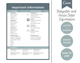 May include: A printable babysitter and house sitter information sheet template in a grey and white colour scheme. The template includes sections for child information, emergency contacts, and health insurance details. The template is available as a PDF file and can be easily edited.
