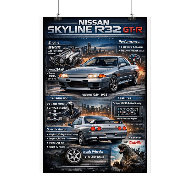 Nissan Skyline R32 GT-R Poster | Car Specs, Engine Diagram, Retro JDM ...