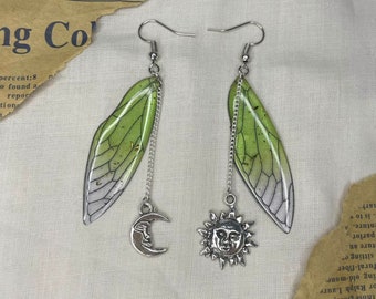 Fairy wing earrings green sun and moon charm // fairycore fairy grunge goblin core cottage forest mush mushrooms  wings witch celestial