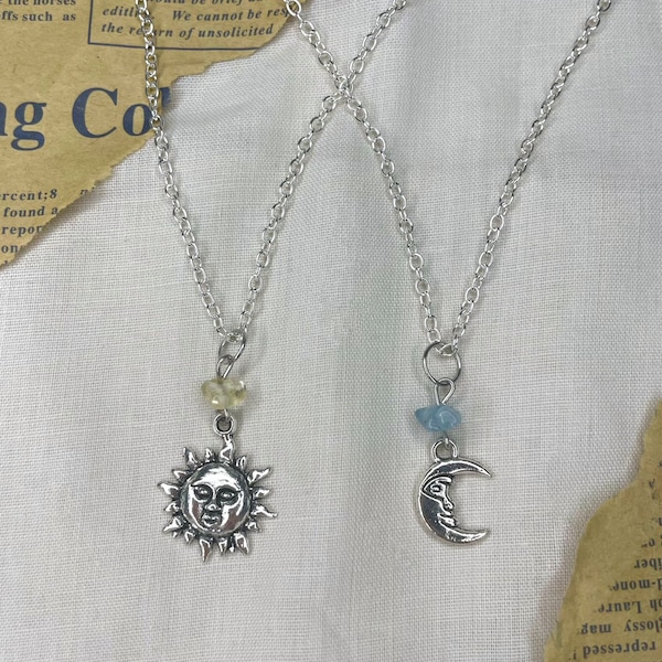 Sun and moon necklace charm crystal necklaces set // friendship BFF necklaces friend alt celestial fairy core citrine aquamarine