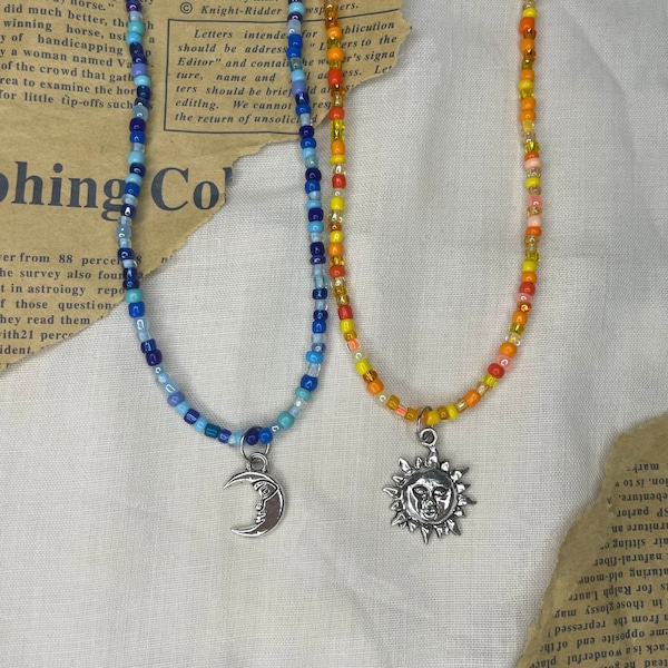 Sun and moon beaded friendship BFF necklace set // best friend celestial charm necklaces yellow and blue bead aesthetic
