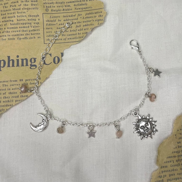 Sun and moon charm bracelet with sunstone celestial star crystal  // witchy charm sun&moon aesthetic fairy core