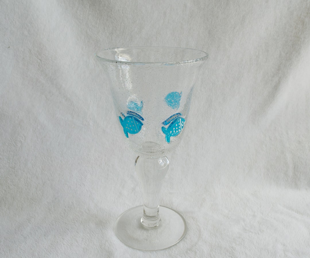 Vintage Murano Hand Blown Glasses With Blue Fish, Retro Wine Glasses
