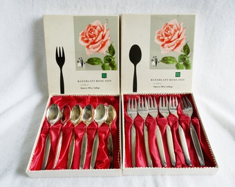 Antique German Kleeblatt Rose 1959 Vintage Spoons and Forks Set, Rose Versilbert, Alpacca 100g