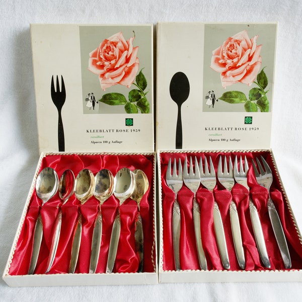 Antique German Kleeblatt Rose 1959 Vintage Spoons and Forks Set, Rose Versilbert, Alpacca 100g