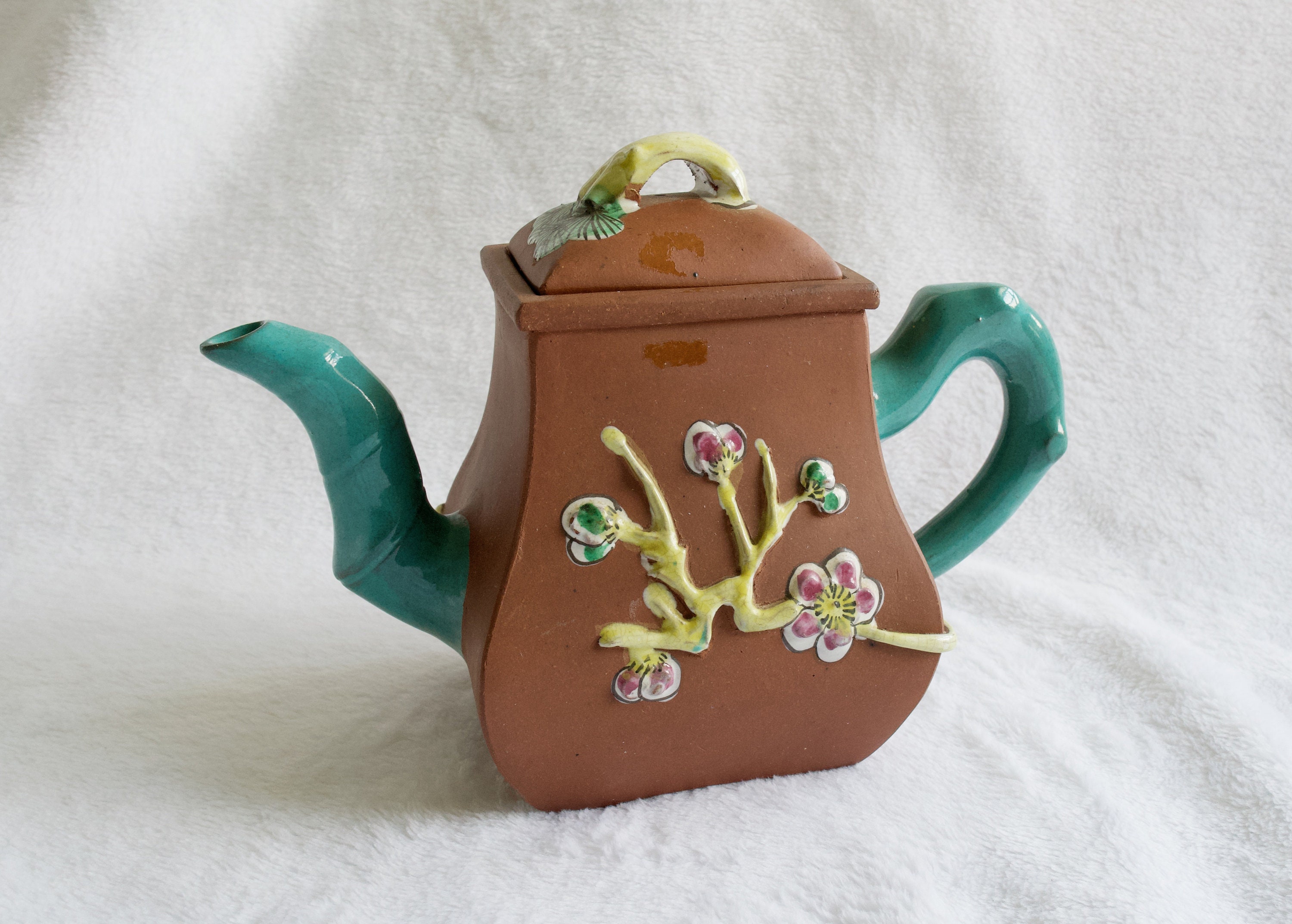 Vintage Chinese YIXING Clay Teapot Teal Enameled Bamboo Spout Handle Flora, 7 3/4''