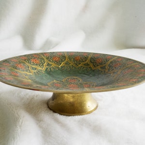 Antique Hand Painted Brass Footed Decorative Collector Plate Bowl, 1960s, 8” Diameter, 2.5” Tall, Made in India