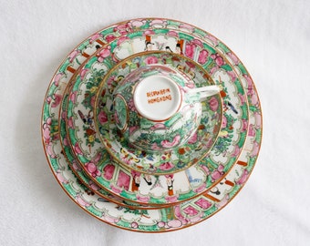Antique P.C.T Enameled Chinese Rose Medallion Dinner Plates, Cup and Saucer Set, Hand Decorated in HongKong, Japanese Porcelain Ware