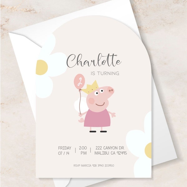 Faire-part d'anniversaire numérique Peppa Pig Girl. Modifiable et imprimable