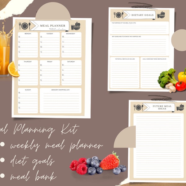 Meal Planning Kit with Dietary Goals and Meal Bank, Weekly/Daily Planner: Breakfast, Lunch, Dinner, Snack